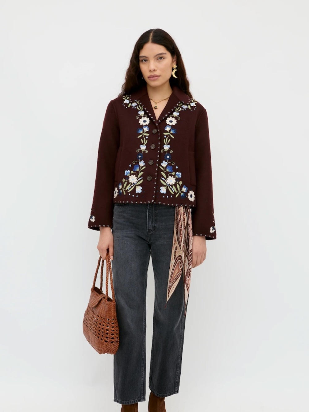 NWT RIXO Jude Bliss Embroidery Brown Wool Jacket S / UK10 / US6